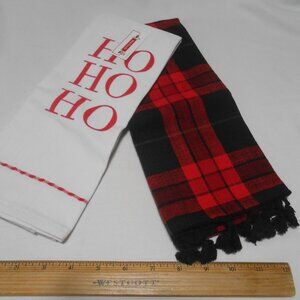 LOT 2 NEW CHRISTMAS HOLIDAY LINEN DISH HAND TOWELS HO HO HO & RED PLAID 👩🎁